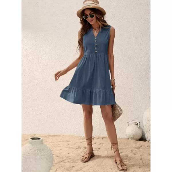 SweatyRocks Women's Notched V Neck Knee Length Tank Dress Solid Ruffle Hem Smock Dresses