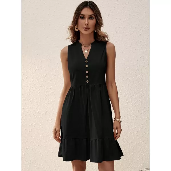 SweatyRocks Women's Notched V Neck Knee Length Tank Dress Solid Ruffle Hem Smock Dresses