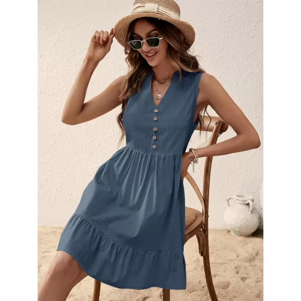 SweatyRocks Women's Notched V Neck Knee Length Tank Dress Solid Ruffle Hem Smock Dresses