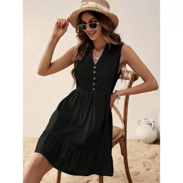 SweatyRocks Women's Notched V Neck Knee Length Tank Dress Solid Ruffle Hem Smock Dresses