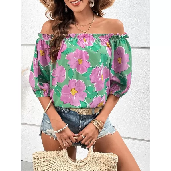 SweatyRocks Women's Off Shoulder Floral Print Boho Blouses Half Sleeve Frill Trim Shirts Top