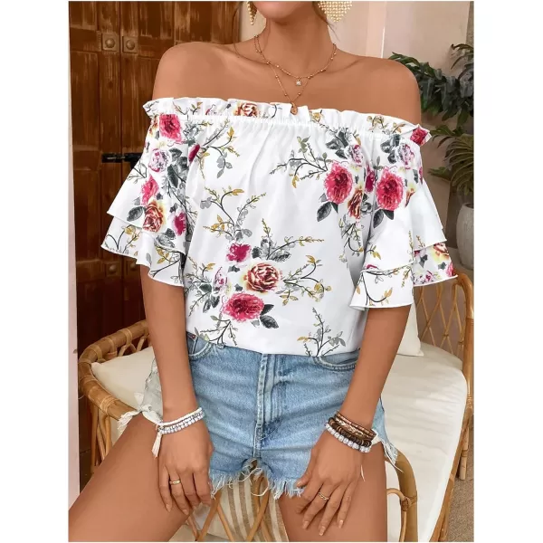 SweatyRocks Women's Off Shoulder Floral Print Boho Blouses Half Sleeve Frill Trim Shirts Top