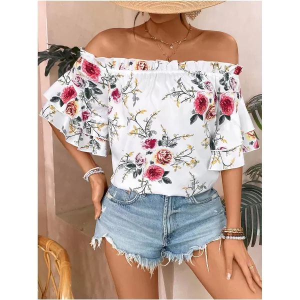 SweatyRocks Women's Off Shoulder Floral Print Boho Blouses Half Sleeve Frill Trim Shirts Top