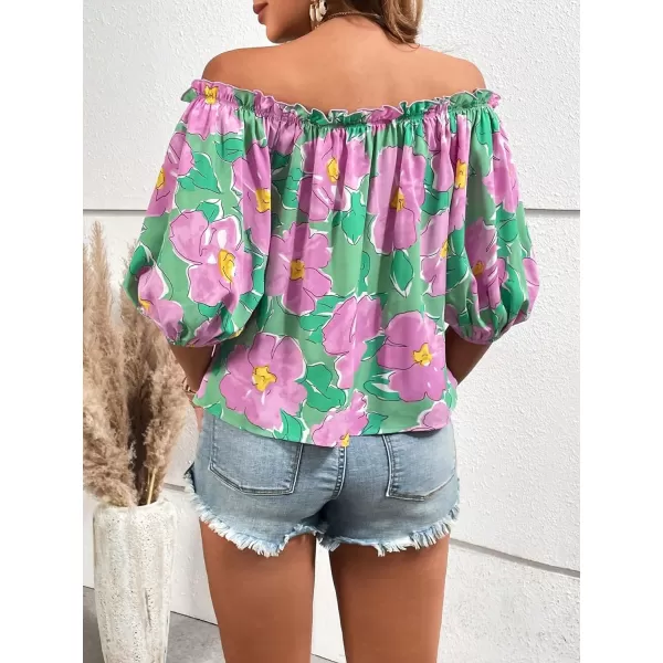 SweatyRocks Women's Off Shoulder Floral Print Boho Blouses Half Sleeve Frill Trim Shirts Top