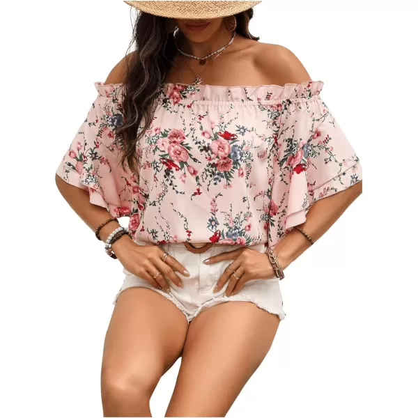 SweatyRocks Women's Off Shoulder Floral Print Boho Blouses Half Sleeve Frill Trim Shirts Top