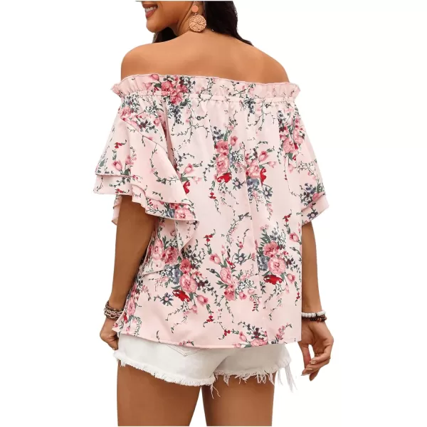 SweatyRocks Women's Off Shoulder Floral Print Boho Blouses Half Sleeve Frill Trim Shirts Top