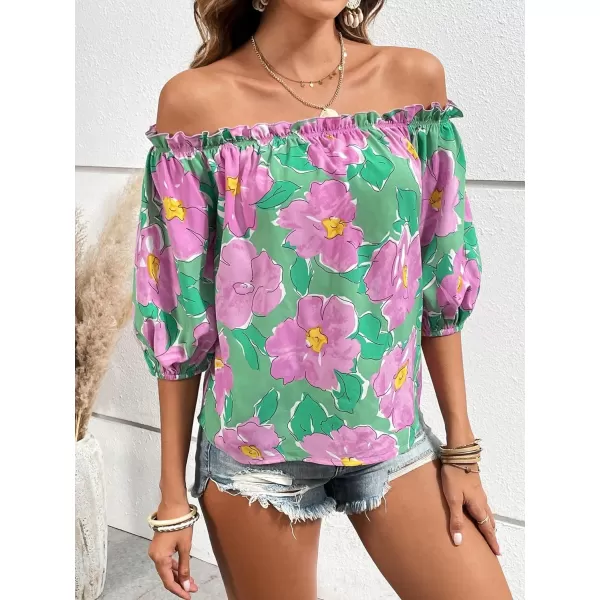 SweatyRocks Women's Off Shoulder Floral Print Boho Blouses Half Sleeve Frill Trim Shirts Top