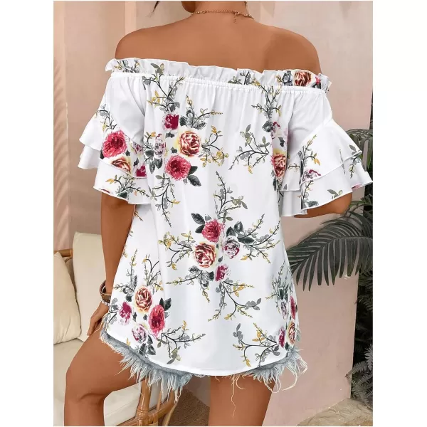 SweatyRocks Women's Off Shoulder Floral Print Boho Blouses Half Sleeve Frill Trim Shirts Top