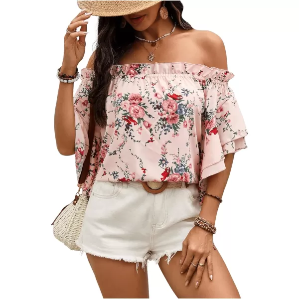 SweatyRocks Women's Off Shoulder Floral Print Boho Blouses Half Sleeve Frill Trim Shirts Top