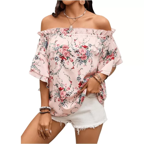 SweatyRocks Women's Off Shoulder Floral Print Boho Blouses Half Sleeve Frill Trim Shirts Top