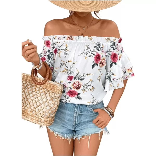 SweatyRocks Women's Off Shoulder Floral Print Boho Blouses Half Sleeve Frill Trim Shirts Top