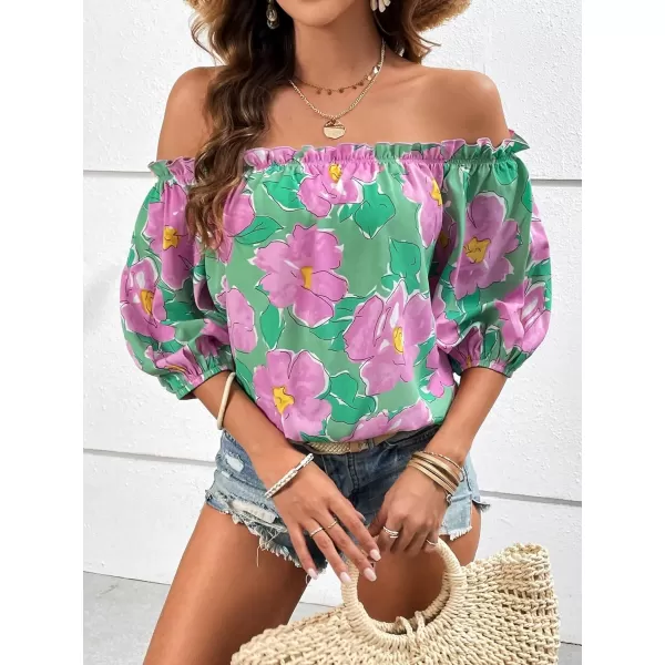 SweatyRocks Women's Off Shoulder Floral Print Boho Blouses Half Sleeve Frill Trim Shirts Top