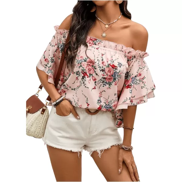SweatyRocks Women's Off Shoulder Floral Print Boho Blouses Half Sleeve Frill Trim Shirts Top