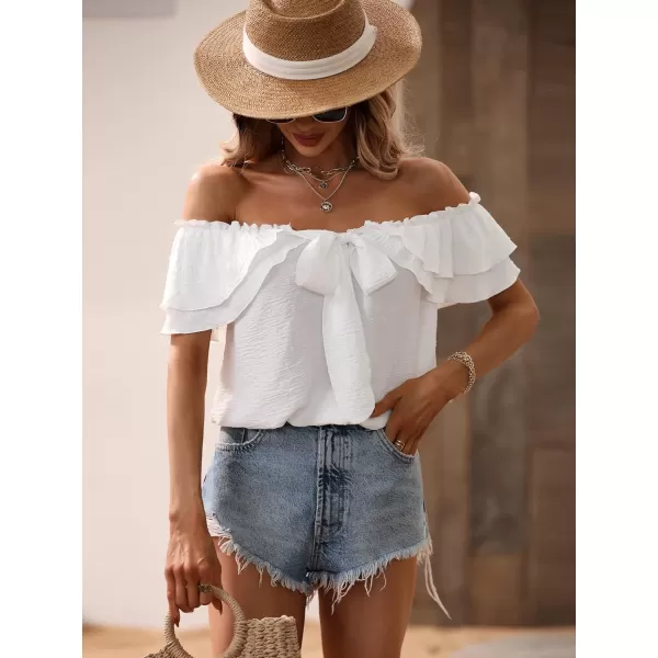 SweatyRocks Women's Off Shoulder Ruffle Trim Knot Front Blouse Tiered Layer Butterfly Short Sleeve Chiffon Tops Summer