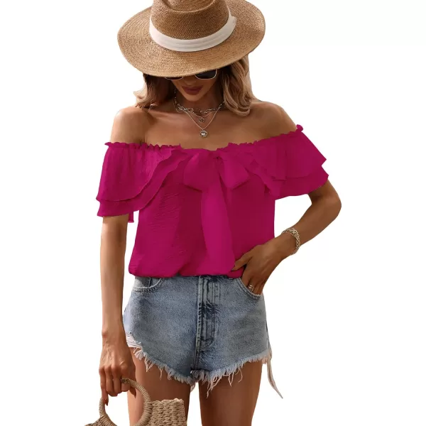 SweatyRocks Women's Off Shoulder Ruffle Trim Knot Front Blouse Tiered Layer Butterfly Short Sleeve Chiffon Tops Summer