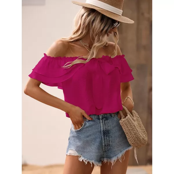 SweatyRocks Women's Off Shoulder Ruffle Trim Knot Front Blouse Tiered Layer Butterfly Short Sleeve Chiffon Tops Summer