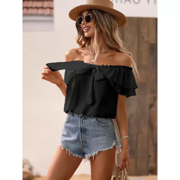 SweatyRocks Women's Off Shoulder Ruffle Trim Knot Front Blouse Tiered Layer Butterfly Short Sleeve Chiffon Tops Summer