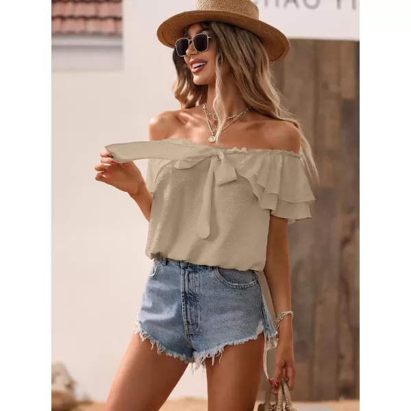 SweatyRocks Women's Off Shoulder Ruffle Trim Knot Front Blouse Tiered Layer Butterfly Short Sleeve Chiffon Tops Summer