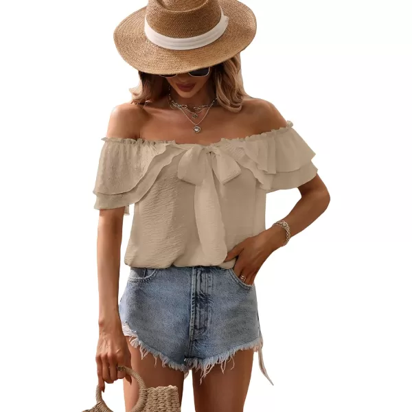 SweatyRocks Women's Off Shoulder Ruffle Trim Knot Front Blouse Tiered Layer Butterfly Short Sleeve Chiffon Tops Summer