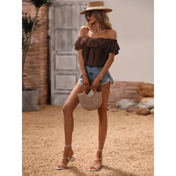 SweatyRocks Women's Off Shoulder Ruffle Trim Knot Front Blouse Tiered Layer Butterfly Short Sleeve Chiffon Tops Summer