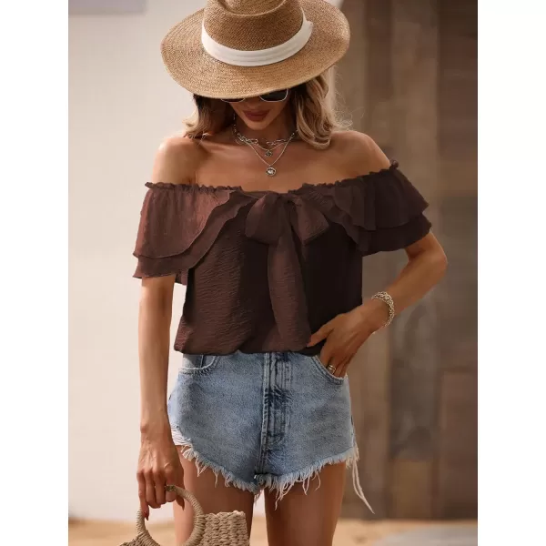 SweatyRocks Women's Off Shoulder Ruffle Trim Knot Front Blouse Tiered Layer Butterfly Short Sleeve Chiffon Tops Summer