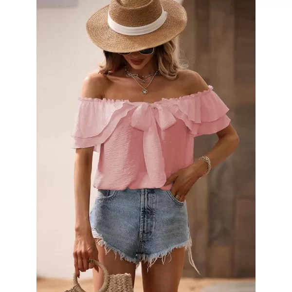 SweatyRocks Women's Off Shoulder Ruffle Trim Knot Front Blouse Tiered Layer Butterfly Short Sleeve Chiffon Tops Summer