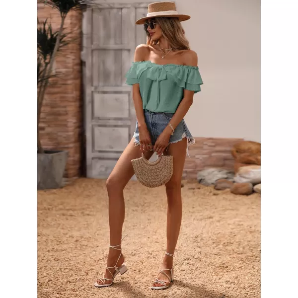 SweatyRocks Women's Off Shoulder Ruffle Trim Knot Front Blouse Tiered Layer Butterfly Short Sleeve Chiffon Tops Summer