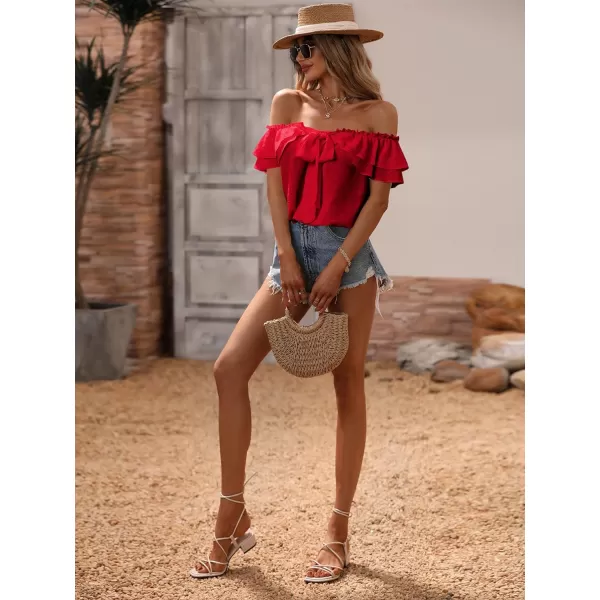 SweatyRocks Women's Off Shoulder Ruffle Trim Knot Front Blouse Tiered Layer Butterfly Short Sleeve Chiffon Tops Summer