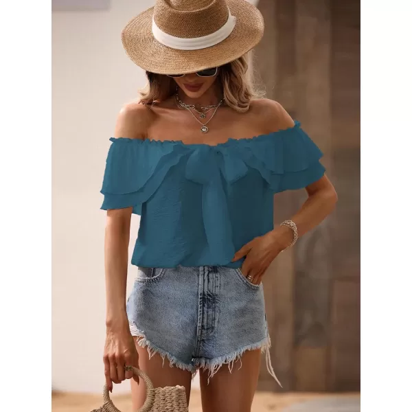 SweatyRocks Women's Off Shoulder Ruffle Trim Knot Front Blouse Tiered Layer Butterfly Short Sleeve Chiffon Tops Summer