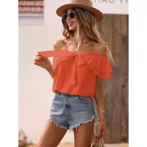 SweatyRocks Women's Off Shoulder Ruffle Trim Knot Front Blouse Tiered Layer Butterfly Short Sleeve Chiffon Tops Summer