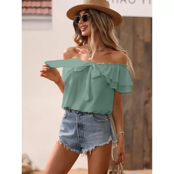 SweatyRocks Women's Off Shoulder Ruffle Trim Knot Front Blouse Tiered Layer Butterfly Short Sleeve Chiffon Tops Summer