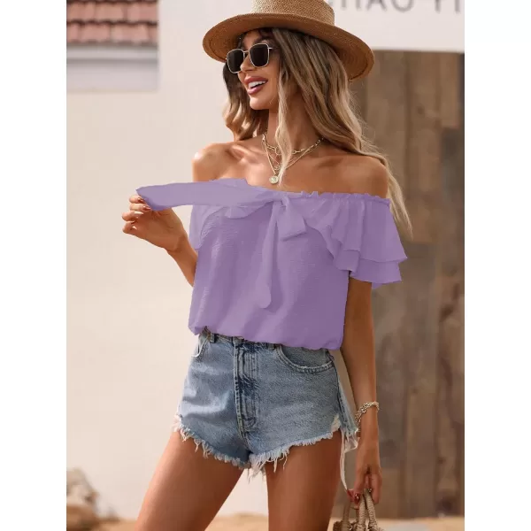 SweatyRocks Women's Off Shoulder Ruffle Trim Knot Front Blouse Tiered Layer Butterfly Short Sleeve Chiffon Tops Summer
