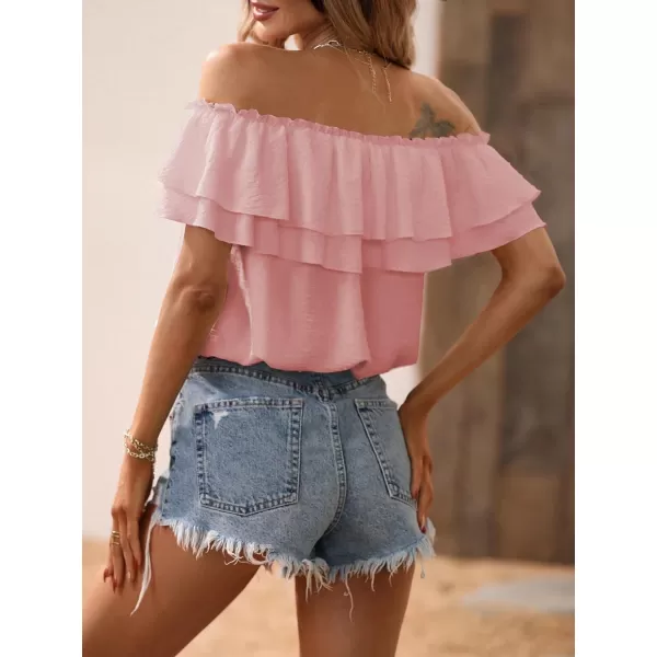 SweatyRocks Women's Off Shoulder Ruffle Trim Knot Front Blouse Tiered Layer Butterfly Short Sleeve Chiffon Tops Summer