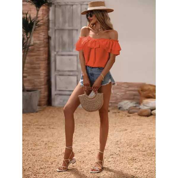 SweatyRocks Women's Off Shoulder Ruffle Trim Knot Front Blouse Tiered Layer Butterfly Short Sleeve Chiffon Tops Summer