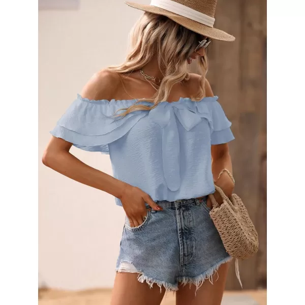 SweatyRocks Women's Off Shoulder Ruffle Trim Knot Front Blouse Tiered Layer Butterfly Short Sleeve Chiffon Tops Summer