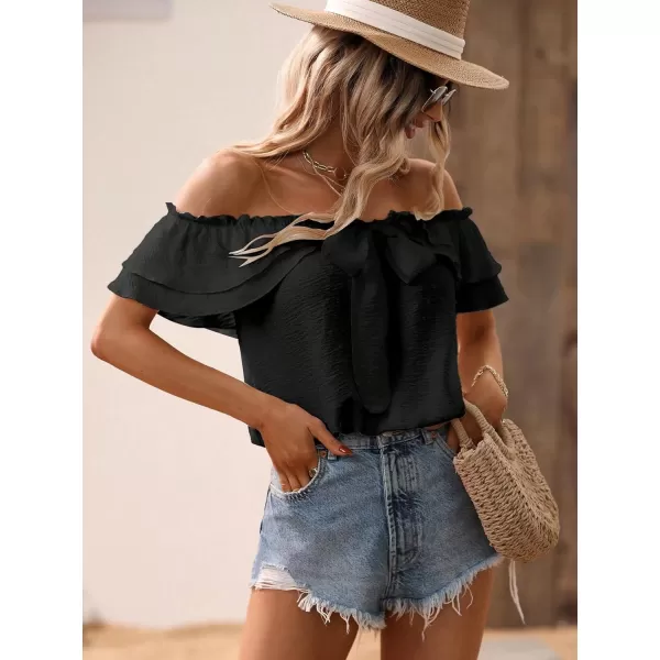 SweatyRocks Women's Off Shoulder Ruffle Trim Knot Front Blouse Tiered Layer Butterfly Short Sleeve Chiffon Tops Summer