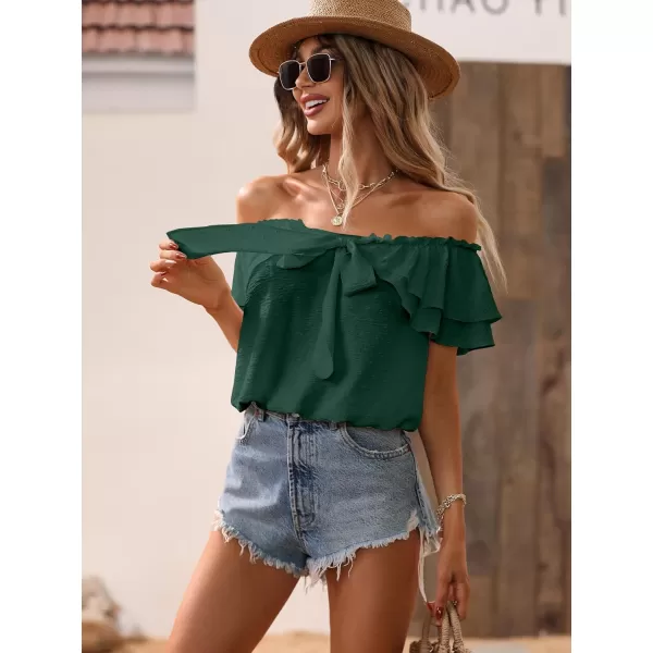 SweatyRocks Women's Off Shoulder Ruffle Trim Knot Front Blouse Tiered Layer Butterfly Short Sleeve Chiffon Tops Summer
