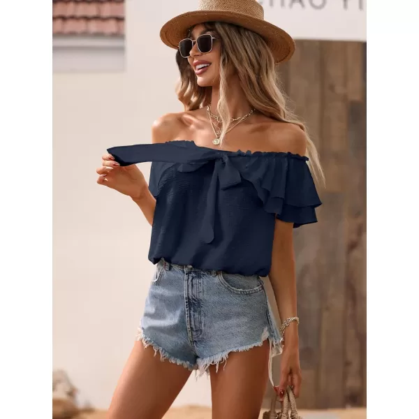 SweatyRocks Women's Off Shoulder Ruffle Trim Knot Front Blouse Tiered Layer Butterfly Short Sleeve Chiffon Tops Summer