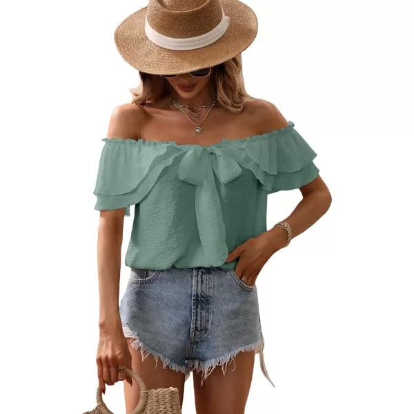 SweatyRocks Women's Off Shoulder Ruffle Trim Knot Front Blouse Tiered Layer Butterfly Short Sleeve Chiffon Tops Summer