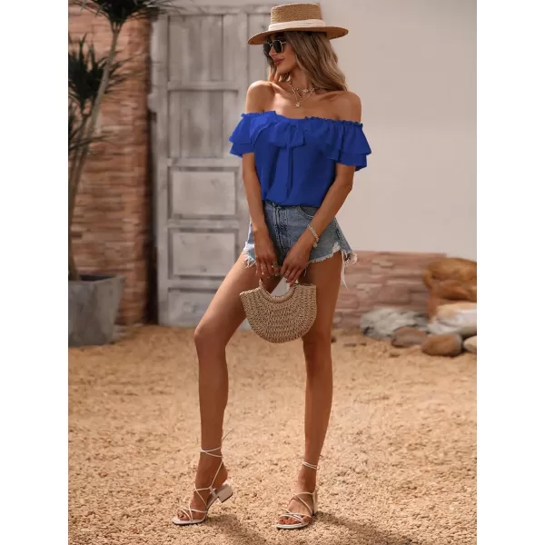 SweatyRocks Women's Off Shoulder Ruffle Trim Knot Front Blouse Tiered Layer Butterfly Short Sleeve Chiffon Tops Summer