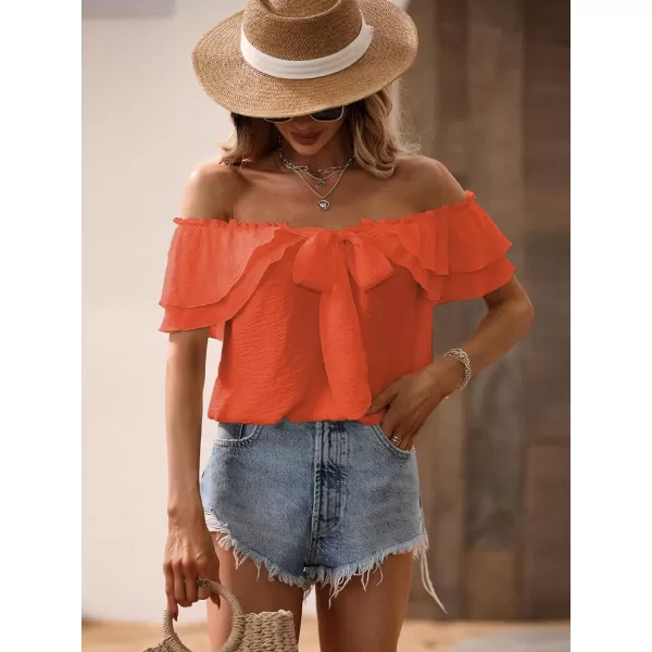 SweatyRocks Women's Off Shoulder Ruffle Trim Knot Front Blouse Tiered Layer Butterfly Short Sleeve Chiffon Tops Summer
