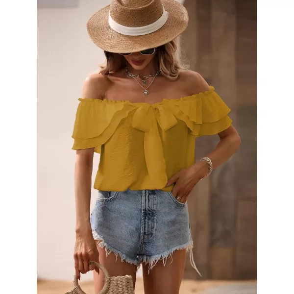 SweatyRocks Women's Off Shoulder Ruffle Trim Knot Front Blouse Tiered Layer Butterfly Short Sleeve Chiffon Tops Summer