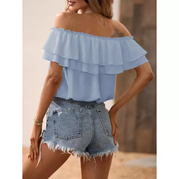 SweatyRocks Women's Off Shoulder Ruffle Trim Knot Front Blouse Tiered Layer Butterfly Short Sleeve Chiffon Tops Summer