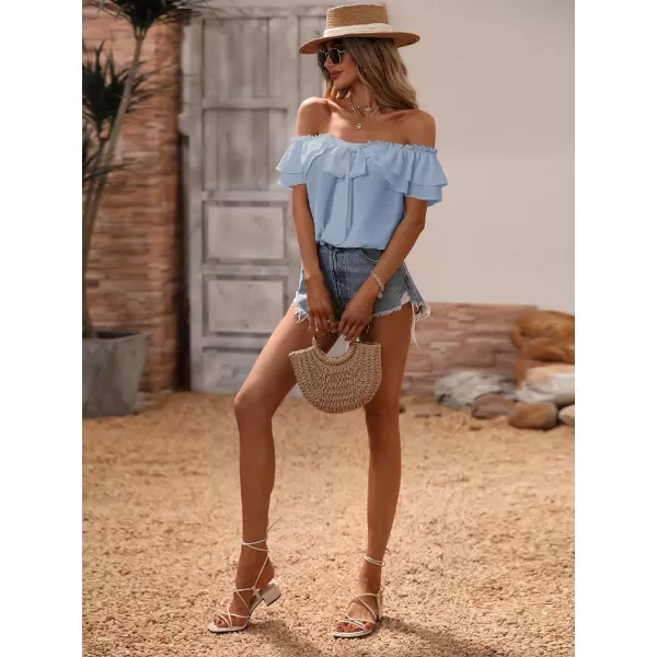 SweatyRocks Women's Off Shoulder Ruffle Trim Knot Front Blouse Tiered Layer Butterfly Short Sleeve Chiffon Tops Summer