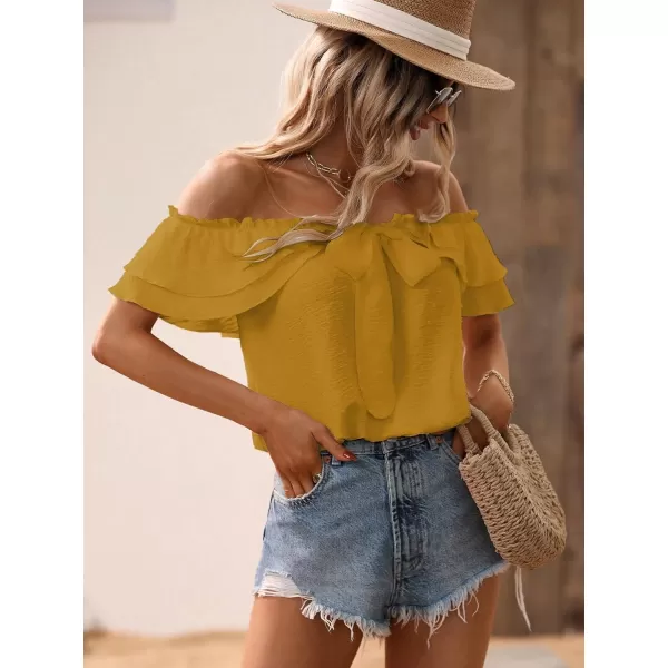 SweatyRocks Women's Off Shoulder Ruffle Trim Knot Front Blouse Tiered Layer Butterfly Short Sleeve Chiffon Tops Summer