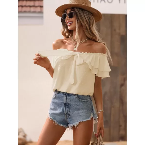 SweatyRocks Women's Off Shoulder Ruffle Trim Knot Front Blouse Tiered Layer Butterfly Short Sleeve Chiffon Tops Summer
