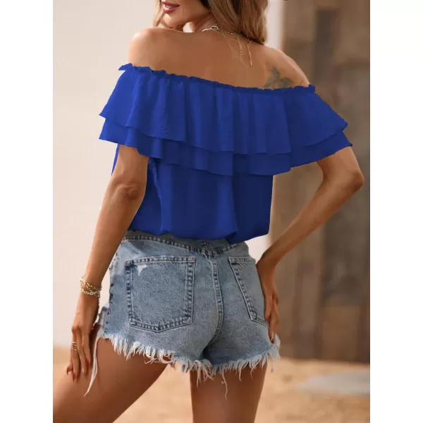 SweatyRocks Women's Off Shoulder Ruffle Trim Knot Front Blouse Tiered Layer Butterfly Short Sleeve Chiffon Tops Summer