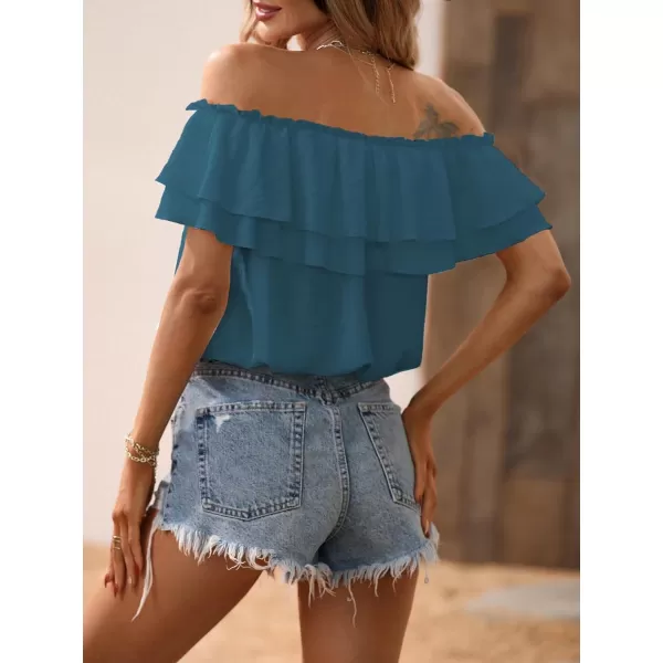 SweatyRocks Women's Off Shoulder Ruffle Trim Knot Front Blouse Tiered Layer Butterfly Short Sleeve Chiffon Tops Summer