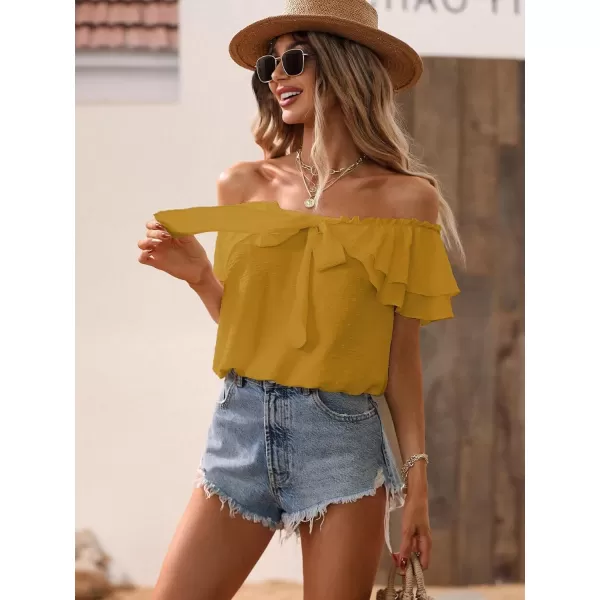 SweatyRocks Women's Off Shoulder Ruffle Trim Knot Front Blouse Tiered Layer Butterfly Short Sleeve Chiffon Tops Summer