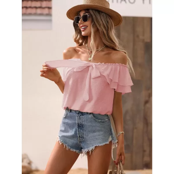 SweatyRocks Women's Off Shoulder Ruffle Trim Knot Front Blouse Tiered Layer Butterfly Short Sleeve Chiffon Tops Summer